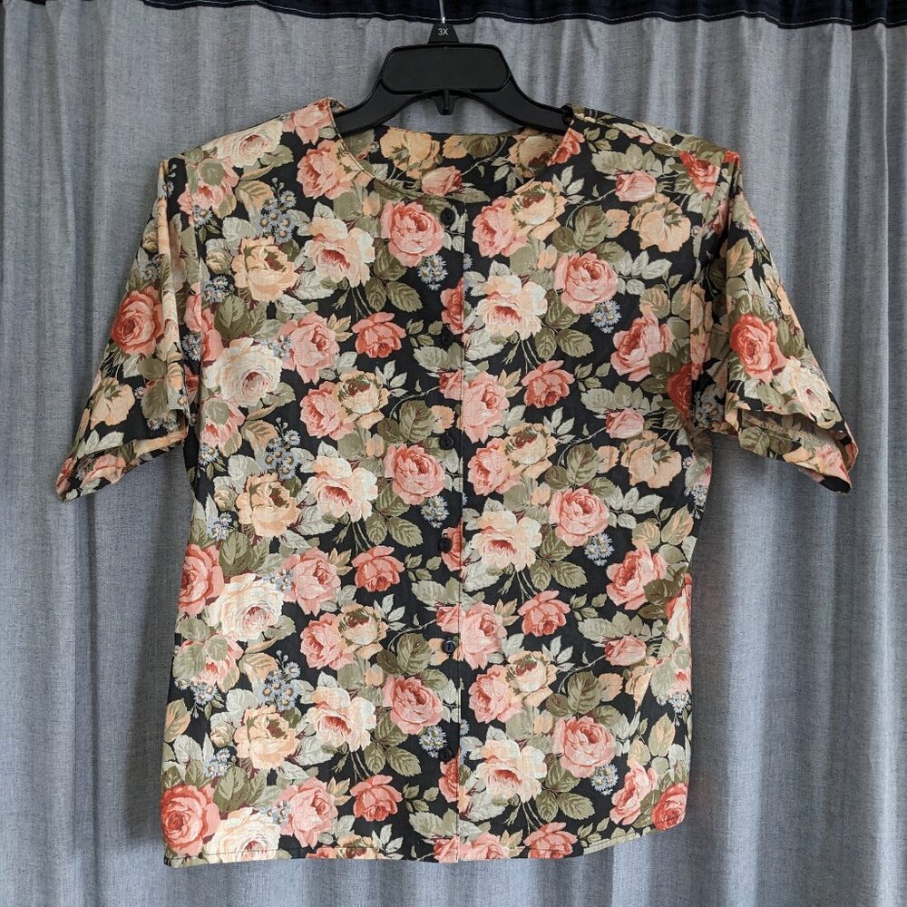 VTG Grandmacore Button Down Blouse Size 10 Floral Lee Winter Black Multicolor